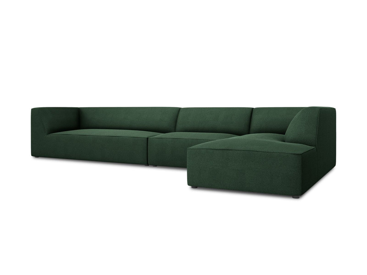 Modulares Ecksofa Siena in Light Beige-Scala mit Cordstoff-Bezug, schwarzen Kunststoffbeinen und Récamiere, 5-Sitzer Ausführung von Cosmopolitan Design.