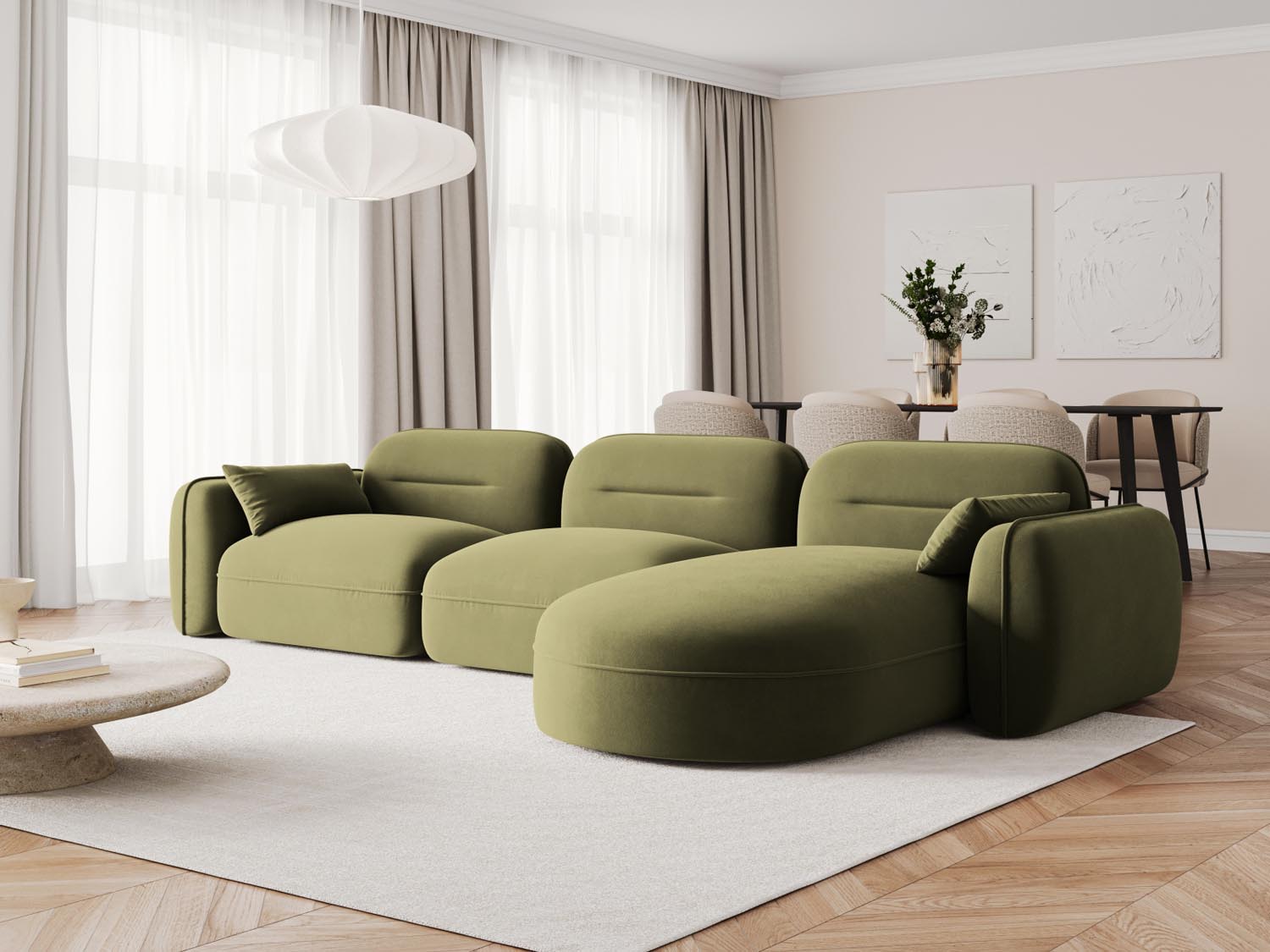 Sydney Velour Modular Ecksofa rechts 4 Sitzer in Light Green präsentiert im Onlineshop von KAQTU Design AG. Ecksofa rechts ist von Cosmopolitan Design