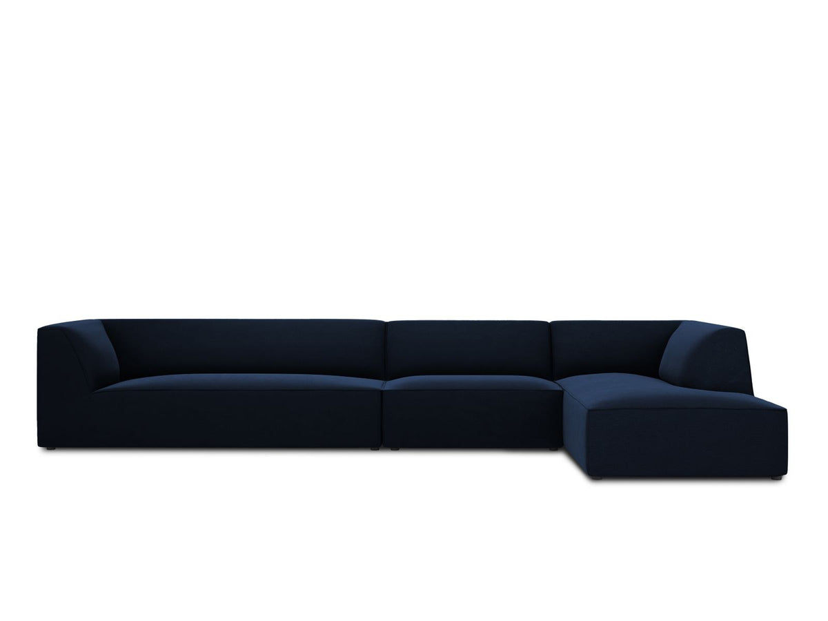 Modulares Ecksofa rechts mit Samtbezug in Beige-Salvador, Récamiere, Massivholzrahmen und schwarzen Kunststoffbeinen, 5-Sitzer Ausführung.