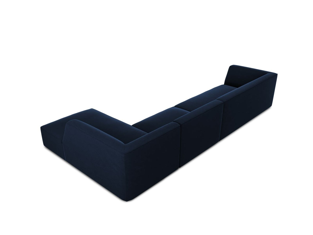 Modulares Ecksofa rechts mit Samtbezug in Beige-Salvador, Récamiere, Massivholzrahmen und schwarzen Kunststoffbeinen, 5-Sitzer Ausführung.