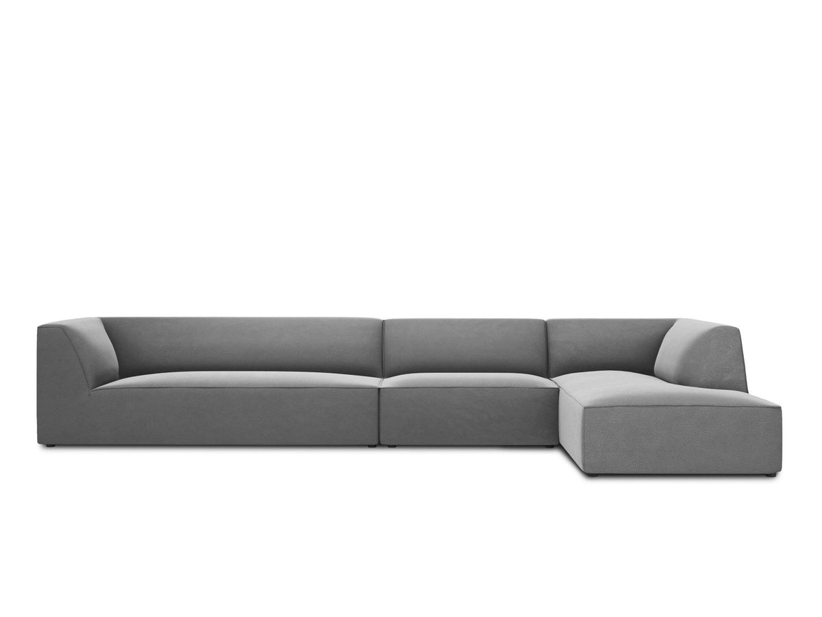 Modulares Ecksofa rechts mit Samtbezug in Beige-Salvador, Récamiere, Massivholzrahmen und schwarzen Kunststoffbeinen, 5-Sitzer Ausführung.