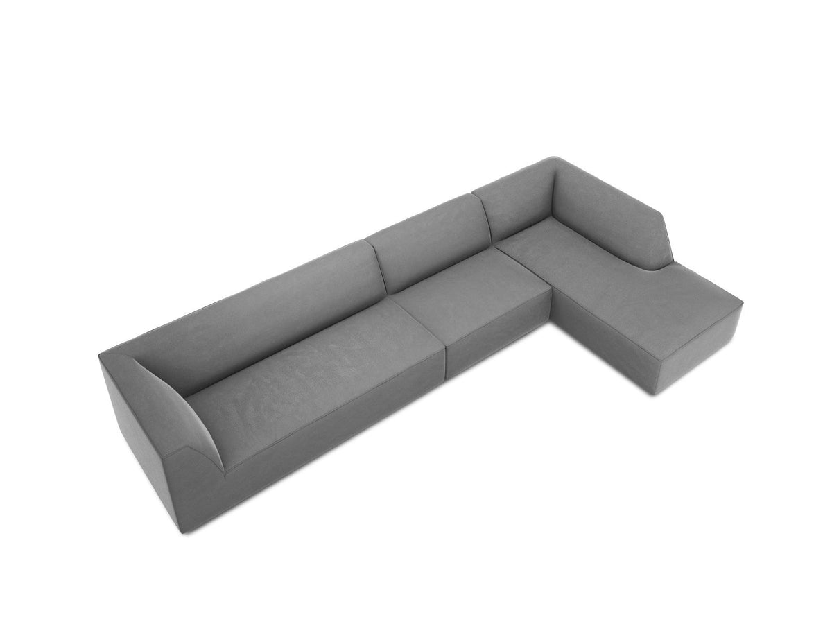 Modulares Ecksofa rechts mit Samtbezug in Beige-Salvador, Récamiere, Massivholzrahmen und schwarzen Kunststoffbeinen, 5-Sitzer Ausführung.