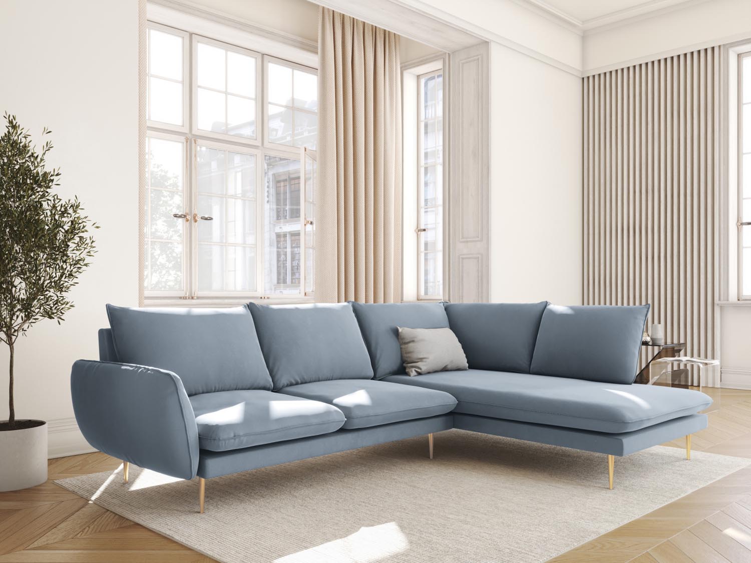 Entdecken Sie das elegante Vienna Velour Ecksofa rechts für 6 Personen. Komfortabel, stilvoll und ideal für Ihr Wohnzimmer – jetzt bei KAQTU!