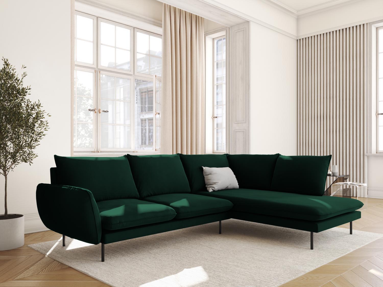 Entdecken Sie das elegante Vienna Velour Ecksofa rechts für 6 Personen. Mit hochwertigem Velourstoff und modernem Design ist es der perfekte Mittelpunkt für Ihr Wohnzimmer.