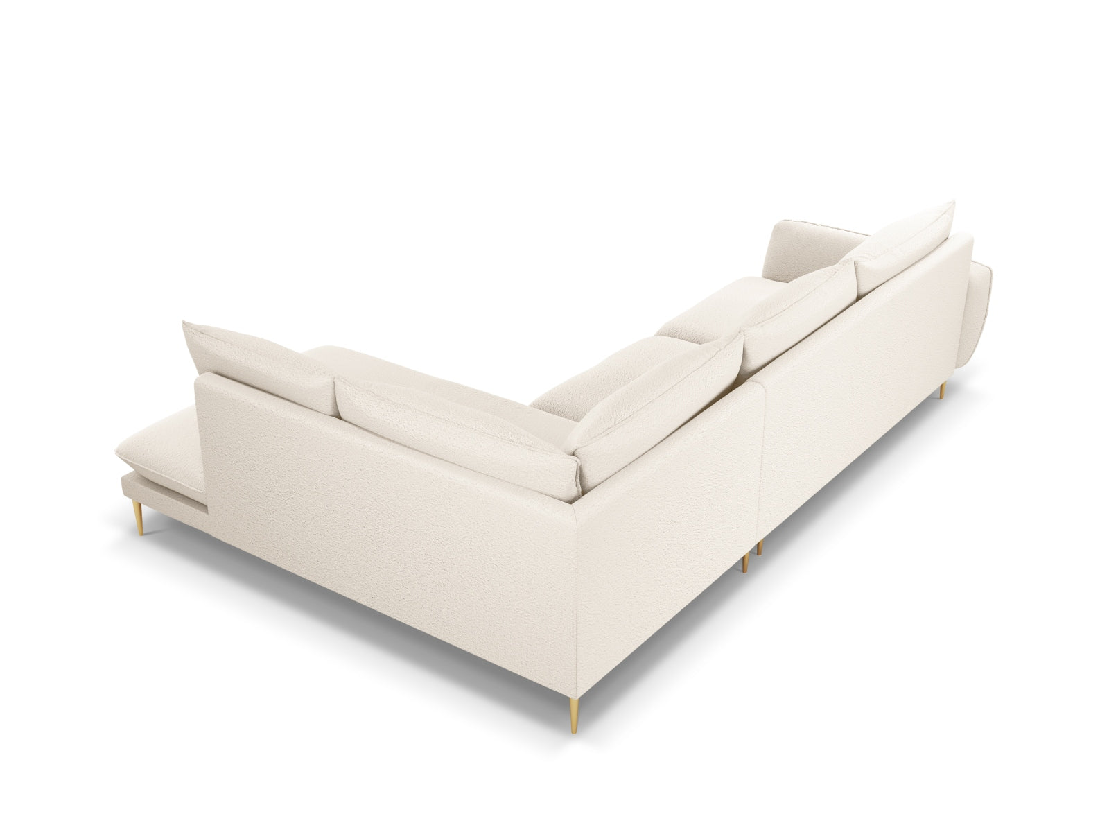 Beige Vienna Boucle Ecksofa mit goldenen Details, 6-Sitzer, 185 cm, rechtsseitig, perfekt für moderne und elegante Wohnräume.