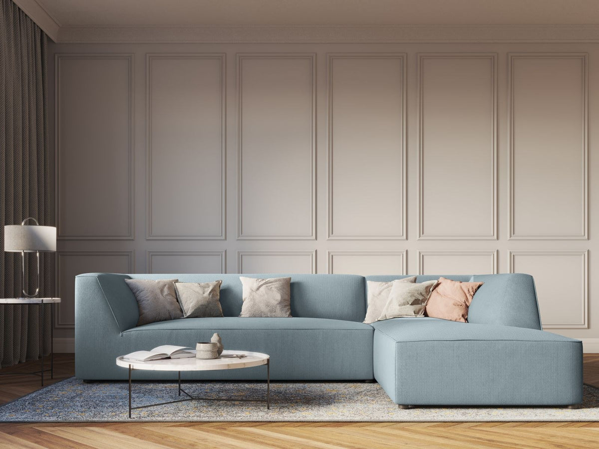 Modulares Ecksofa Siena in Light Grey-Ottawa mit Récamiere, Massivholzrahmen und schwarzen Kunststoffbeinen, 4-Sitzer, Breite 273 cm.