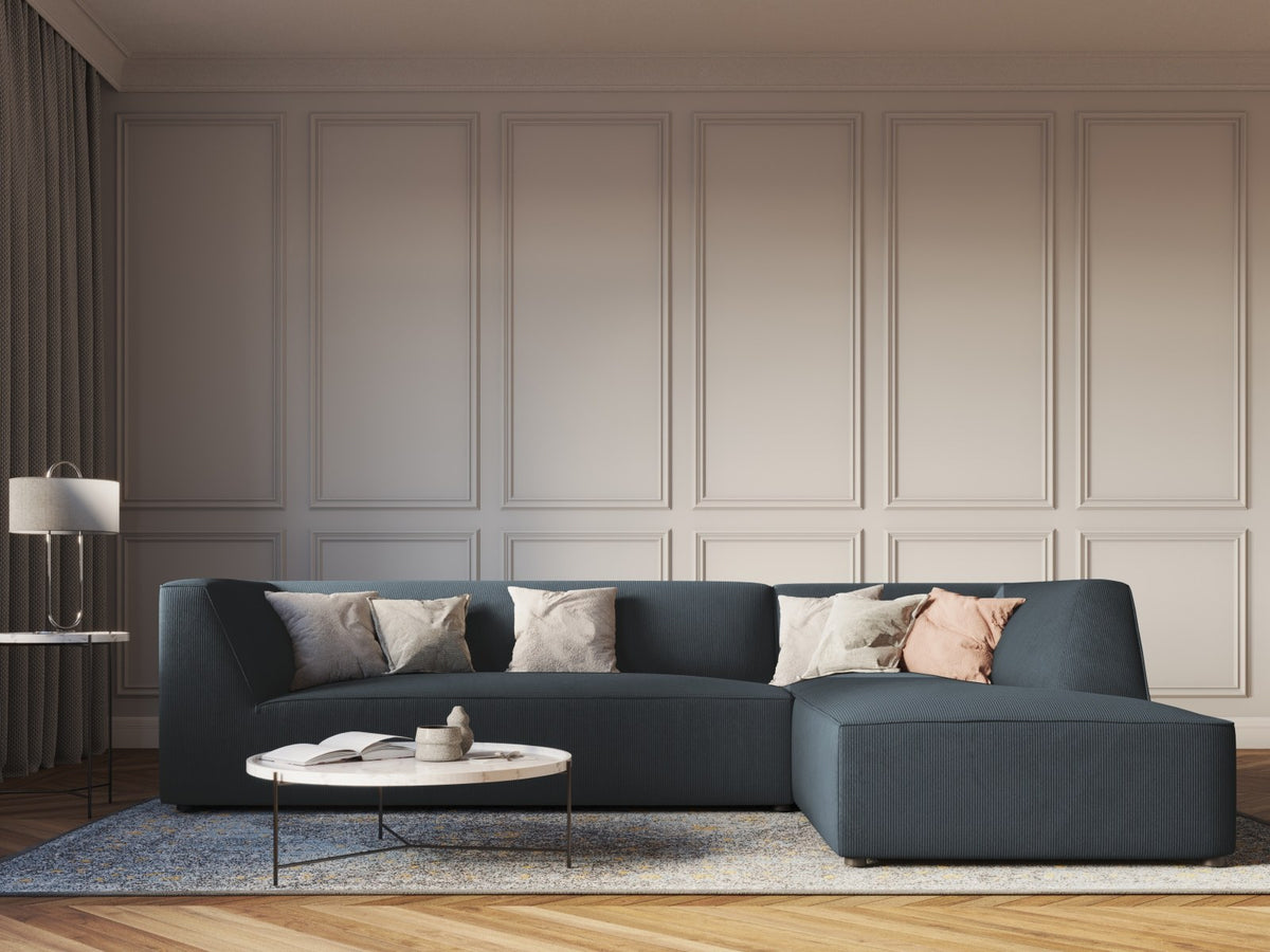 Modulares Ecksofa Siena in Light Grey-Ottawa mit Récamiere, Massivholzrahmen und schwarzen Kunststoffbeinen, 4-Sitzer, Breite 273 cm.
