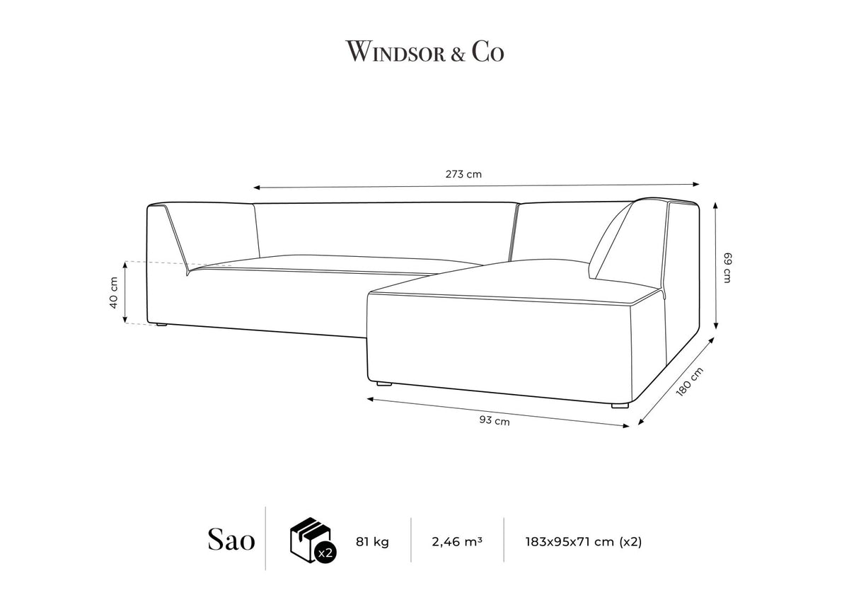 Modulares Ecksofa Siena in Light Grey-Ottawa mit Récamiere, Massivholzrahmen und schwarzen Kunststoffbeinen, 4-Sitzer, Breite 273 cm.