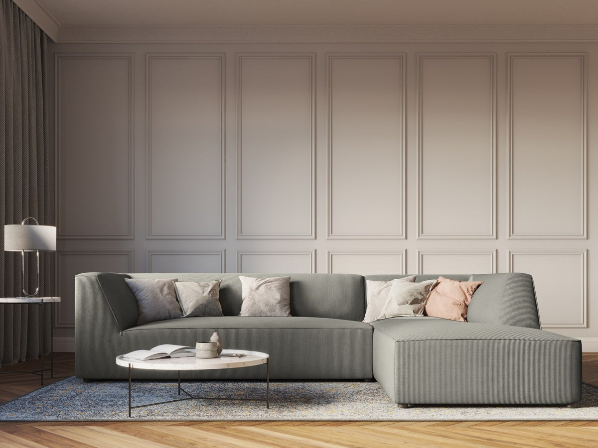 Modulares Ecksofa Siena in Light Grey-Ottawa mit Récamiere, Massivholzrahmen und schwarzen Kunststoffbeinen, 4-Sitzer, Breite 273 cm.