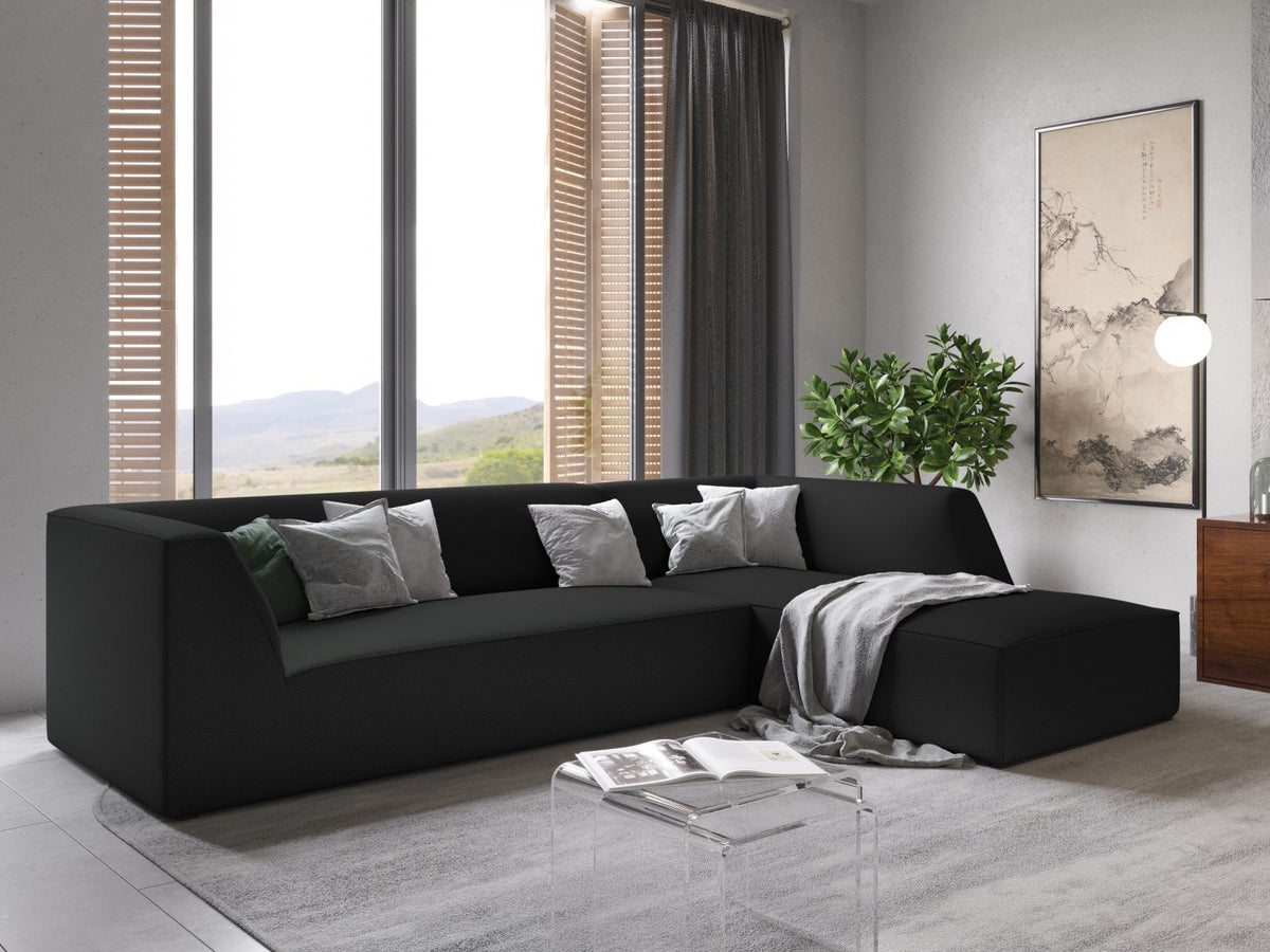 Modulares Ecksofa Siena in Light Grey-Ottawa mit Récamiere, Massivholzrahmen und schwarzen Kunststoffbeinen, 4-Sitzer, Breite 273 cm.