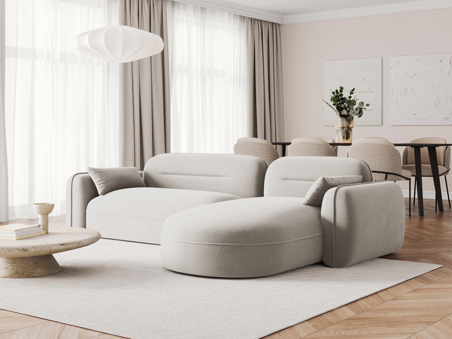 Sydney Velour Modular Ecksofa rechts 4 Sitzer in Light Beige präsentiert im Onlineshop von KAQTU Design AG. Ecksofa rechts ist von Cosmopolitan Design