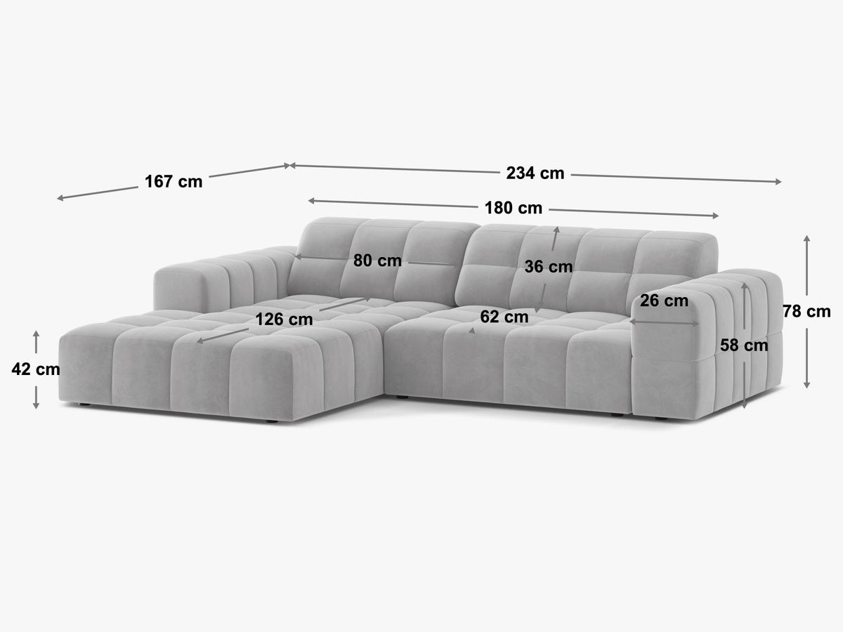 Ecksofa Chicago mit hellbeigem Chenillestoff Eden, schwarzen Kunststoffbeinen und breiter Récamiere, rechtsseitig ausgerichtet, 3-Sitzer.