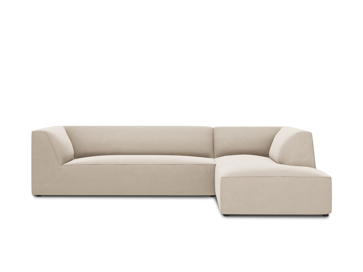 Modulares Ecksofa rechts Siena in Beige-Salvador Samtstoff mit schwarzen Kunststoffbeinen, Récamiere und Massivholzrahmen, 4-Sitzer, 180 cm.