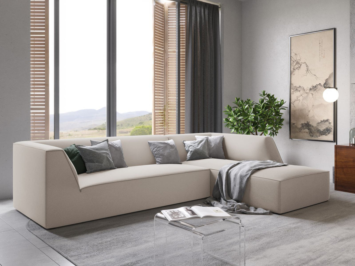 Modulares Ecksofa rechts Siena in Beige-Salvador Samtstoff mit schwarzen Kunststoffbeinen, Récamiere und Massivholzrahmen, 4-Sitzer, 180 cm.