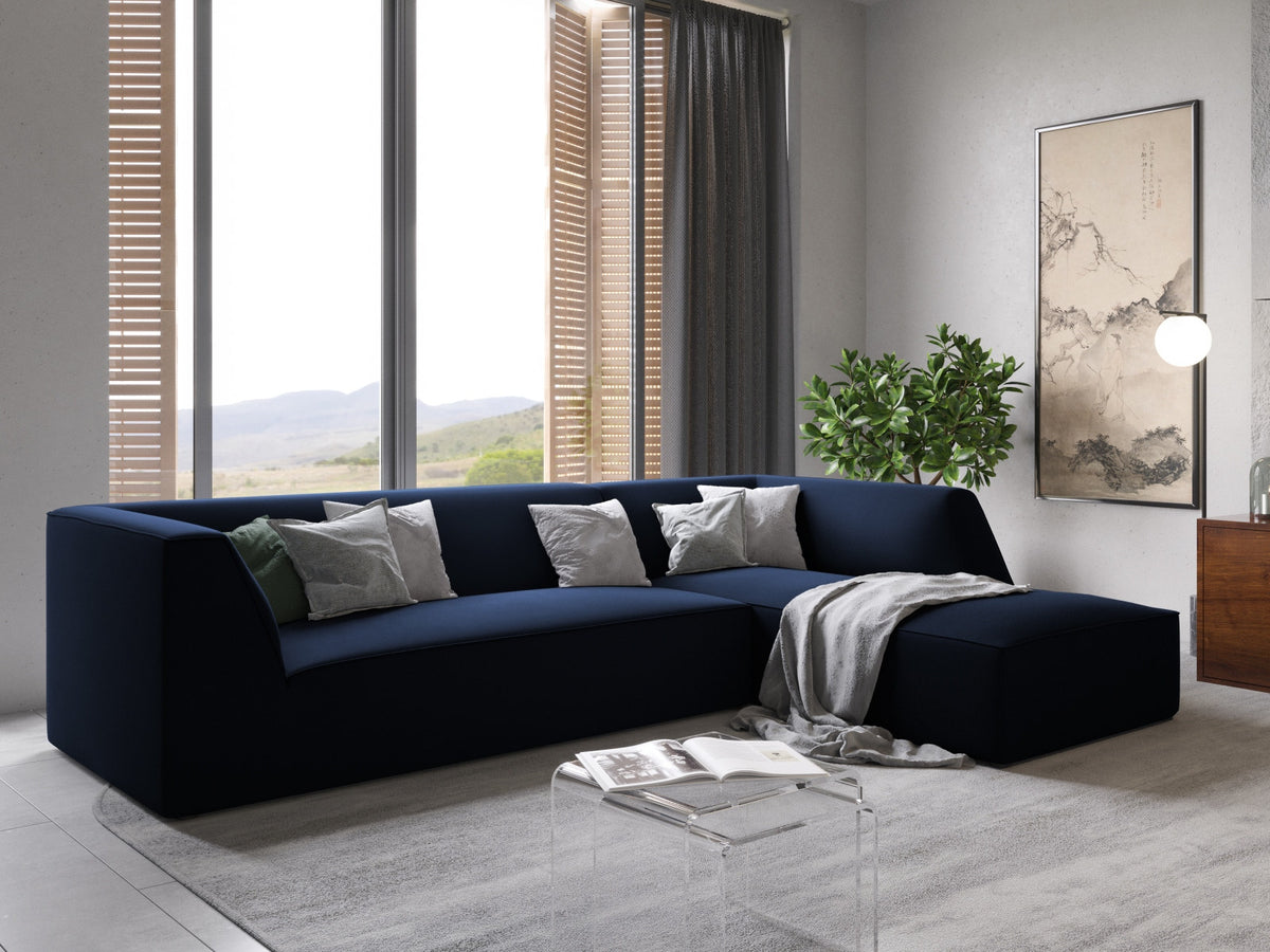 Modulares Ecksofa rechts Siena in Beige-Salvador Samtstoff mit schwarzen Kunststoffbeinen, Récamiere und Massivholzrahmen, 4-Sitzer, 180 cm.