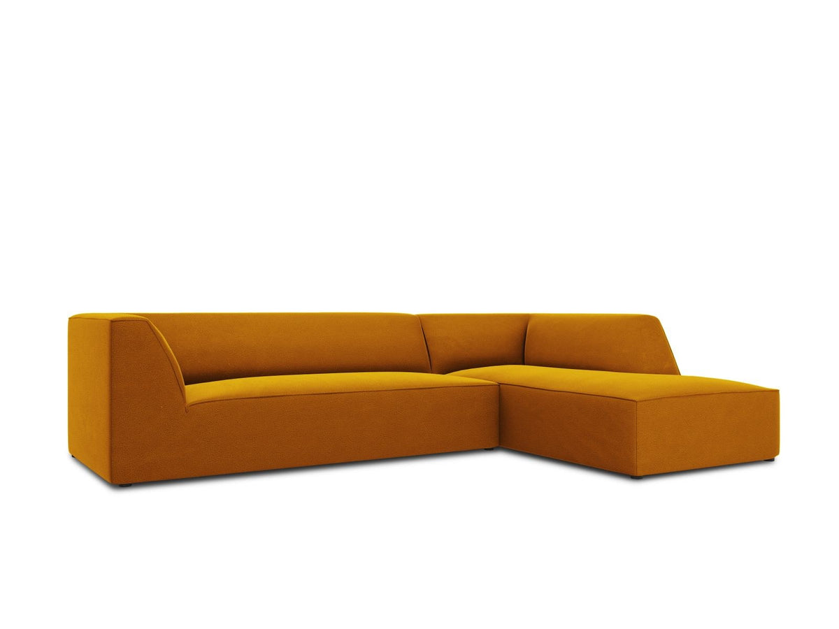 Modulares Ecksofa rechts Siena in Beige-Salvador Samtstoff mit schwarzen Kunststoffbeinen, Récamiere und Massivholzrahmen, 4-Sitzer, 180 cm.