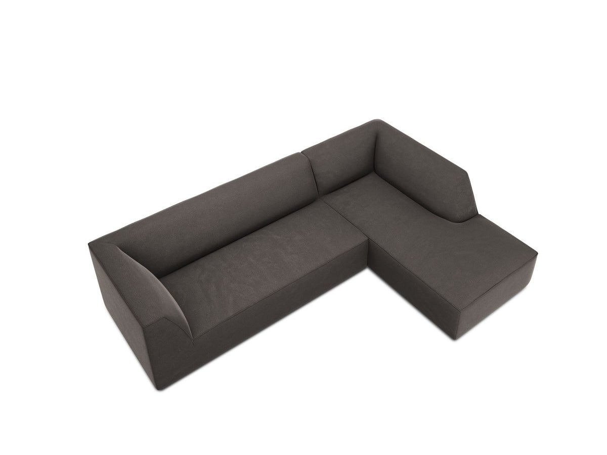 Modulares Ecksofa rechts Siena in Beige-Salvador Samtstoff mit schwarzen Kunststoffbeinen, Récamiere und Massivholzrahmen, 4-Sitzer, 180 cm.