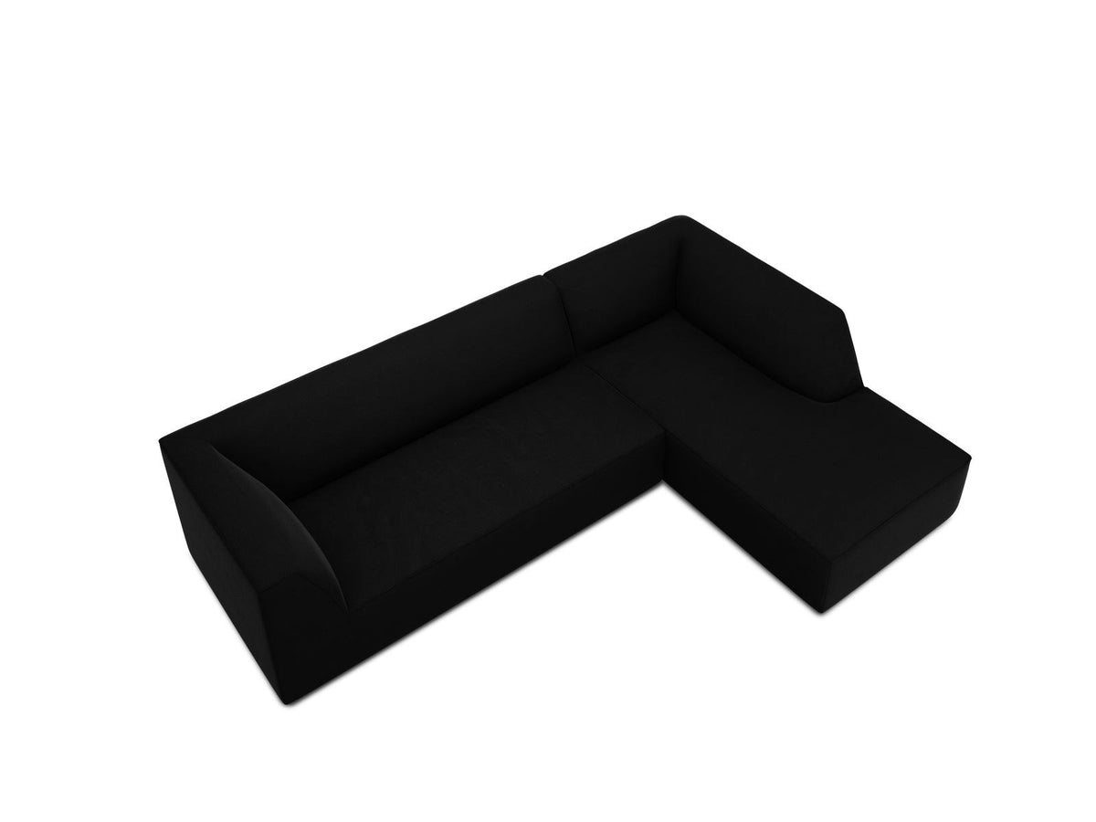 Modulares Ecksofa rechts Siena in Beige-Salvador Samtstoff mit schwarzen Kunststoffbeinen, Récamiere und Massivholzrahmen, 4-Sitzer, 180 cm.