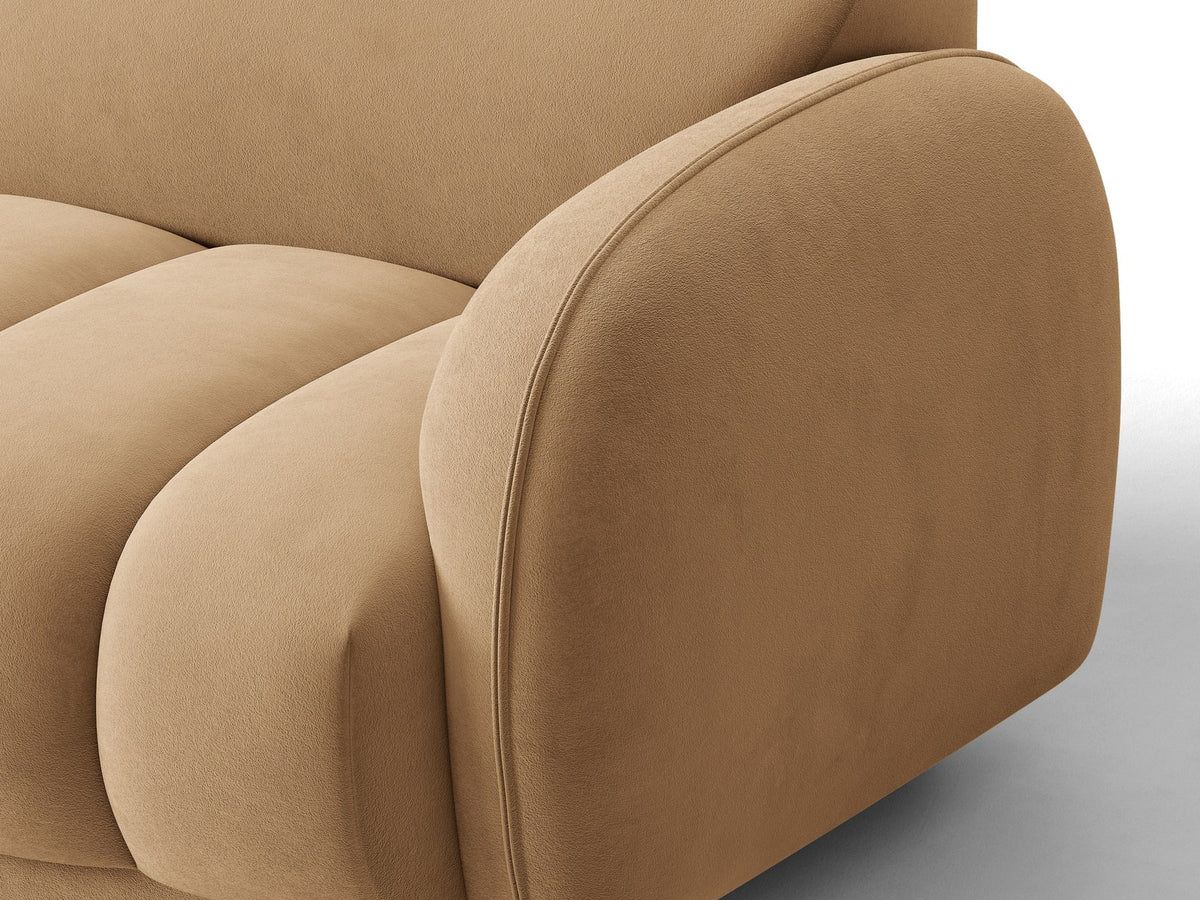 Bilbao Ecksofa rechts in Light Beige-Casino Samt, Massivholzrahmen, schwarze Kunststoffbeine, 3-Sitzer mit Récamiere, urbanes Design.