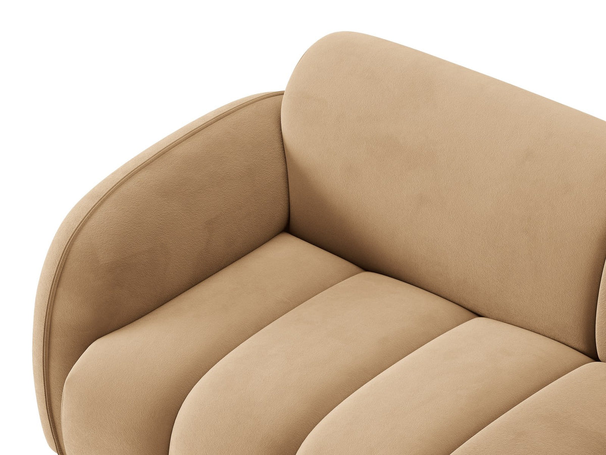 Bilbao Ecksofa rechts in Light Beige-Casino Samt, Massivholzrahmen, schwarze Kunststoffbeine, 3-Sitzer mit Récamiere, urbanes Design.