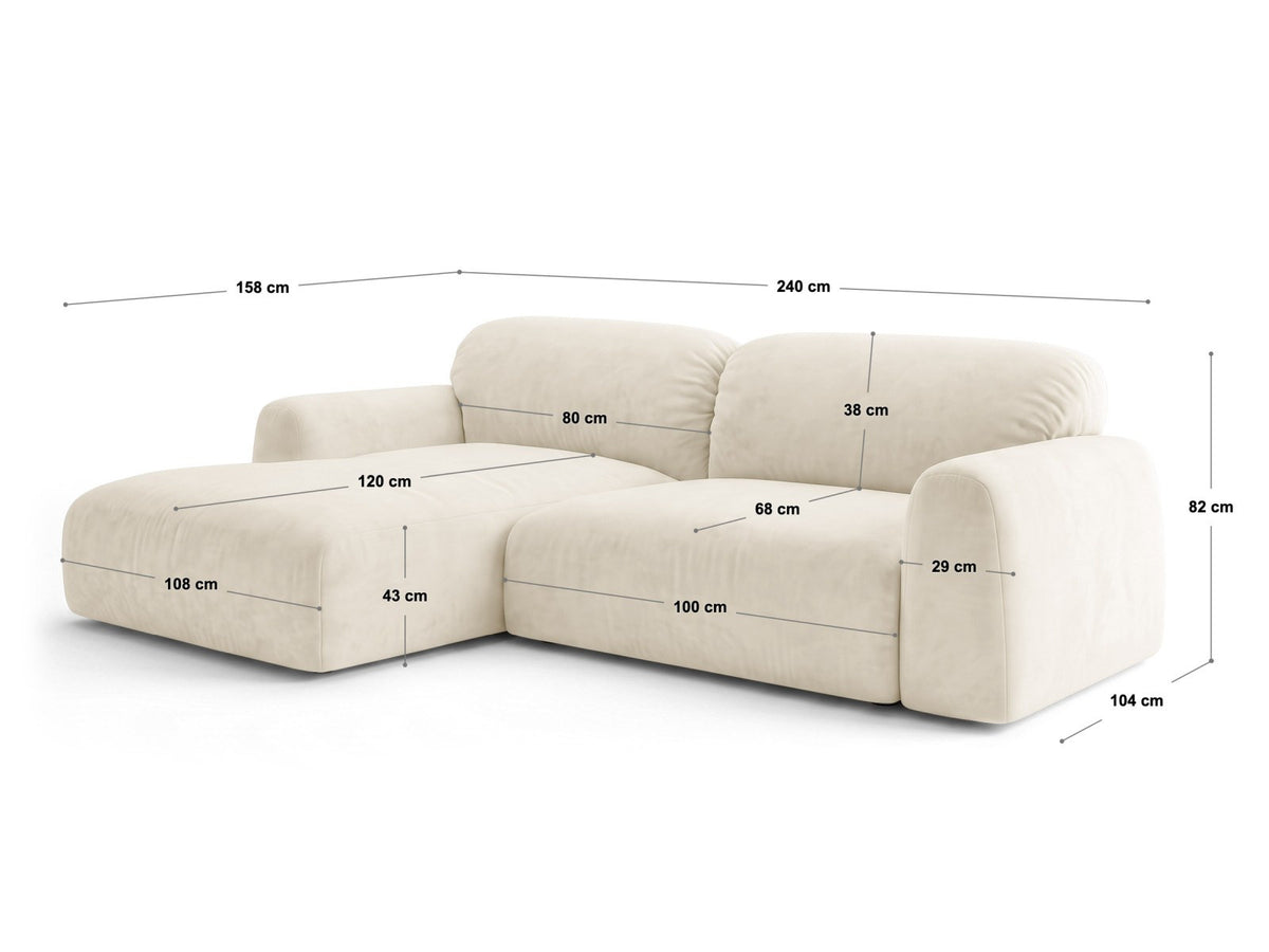 Ecksofa Milan rechts mit Récamiere, Bluvel-Bezug und schwarzen Kunststoffbeinen