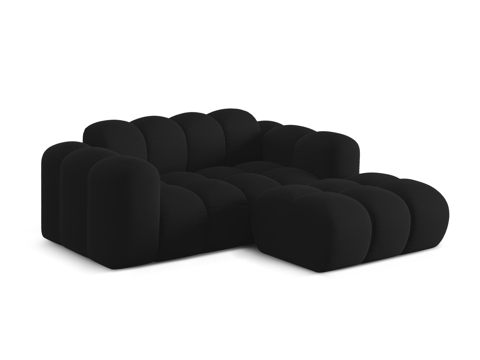 Modernes 2-Sitzer Ecksofa Treno in stilvollem Black-Bluvel, ideal für gemütliche Wohnräume, präsentiert von Cosmopolitan Design.