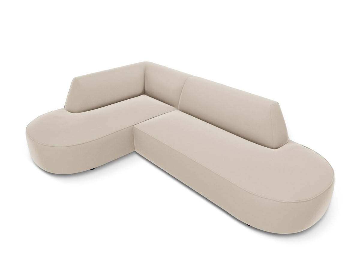 Modulares Ecksofa links in Beige-Salvador Samtstoff, schwarze Kunststoffbeine, Récamiere und gepolsterte Rückenlehne, 4-Sitzer, 180cm Breite.