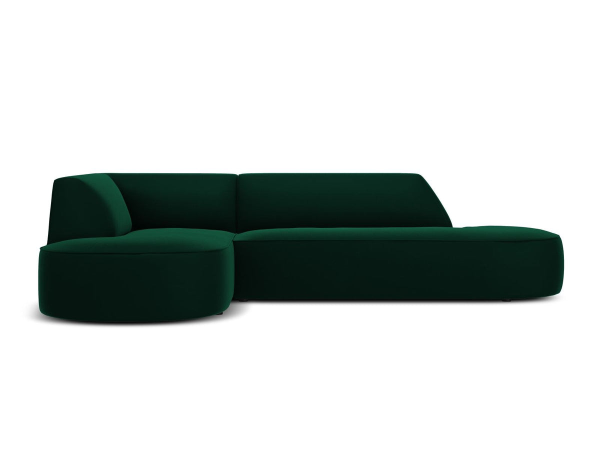 Modulares Ecksofa links in Beige-Salvador Samtstoff, schwarze Kunststoffbeine, Récamiere und gepolsterte Rückenlehne, 4-Sitzer, 180cm Breite.