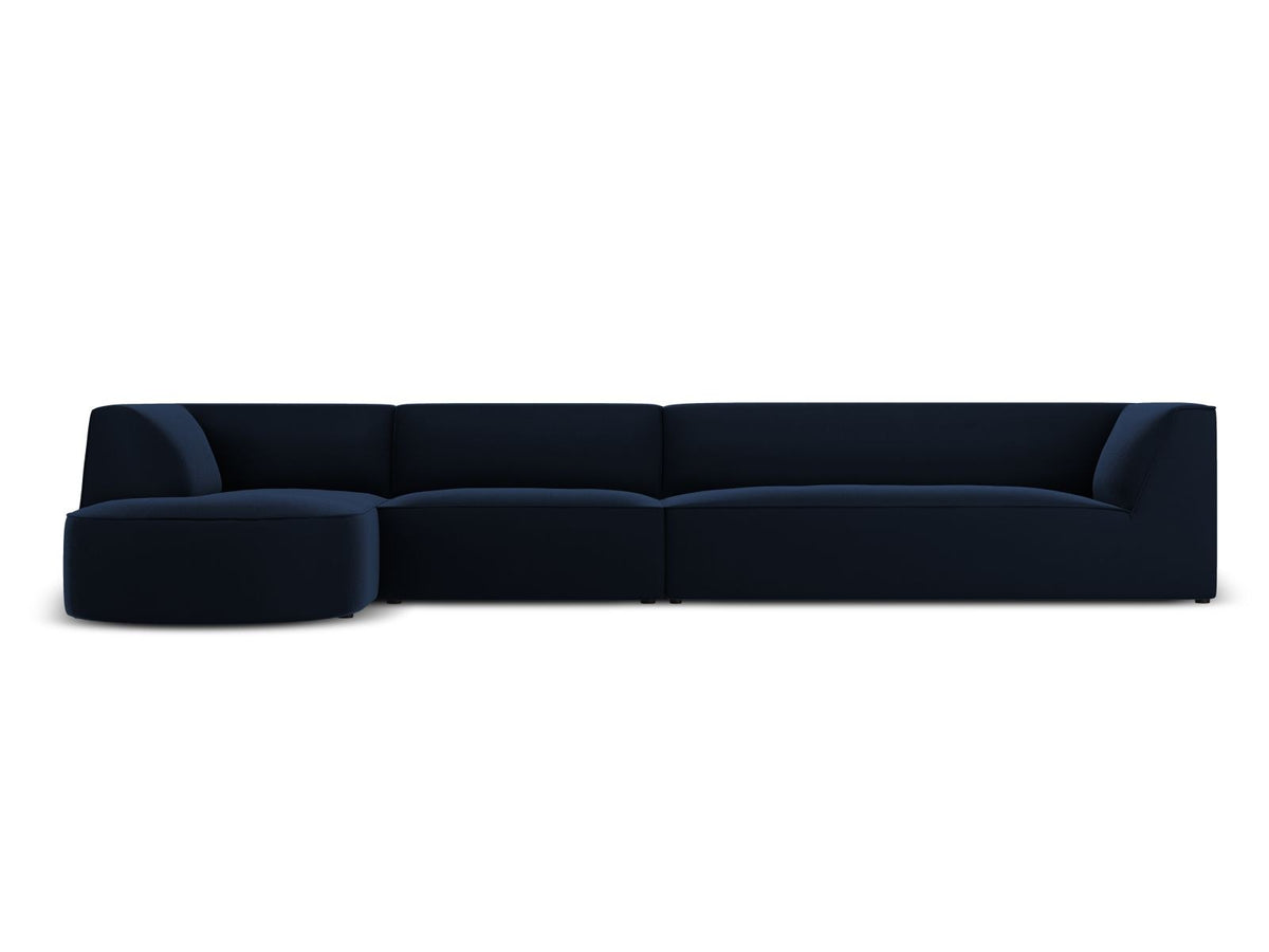 Beige-Salvador Samt Ecksofa links mit Récamiere, schwarzen Kunststoffbeinen und modularem Aufbau, Cosmopolitan Design Siena Serie.