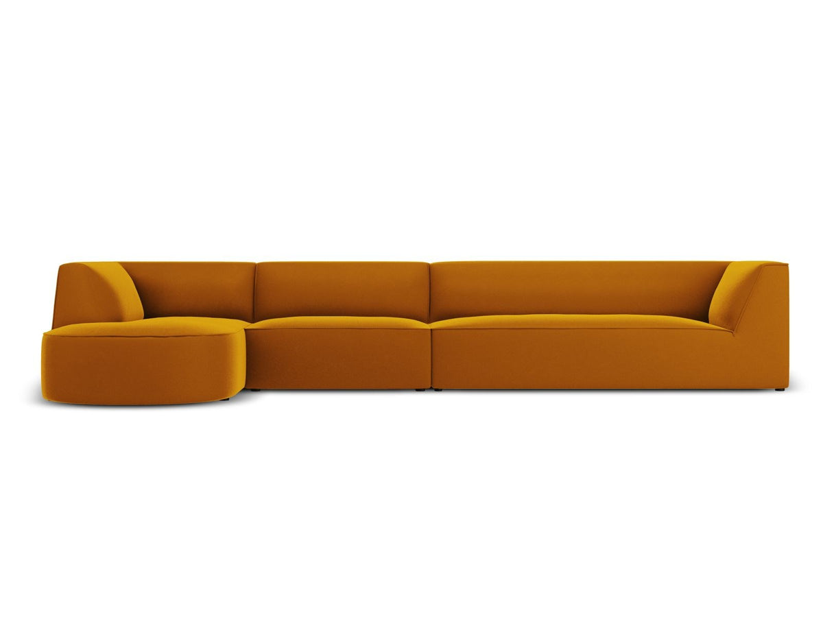 Beige-Salvador Samt Ecksofa links mit Récamiere, schwarzen Kunststoffbeinen und modularem Aufbau, Cosmopolitan Design Siena Serie.