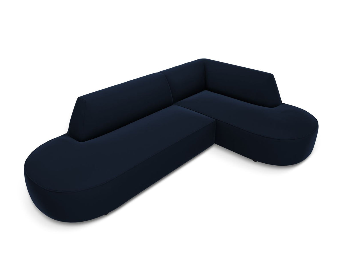 Modulares Ecksofa rechts Siena in Beige-Salvador Samtstoff mit schwarzen Kunststoffbeinen, Récamiere und Massivholzrahmen, 4-Sitzer, 180 cm.