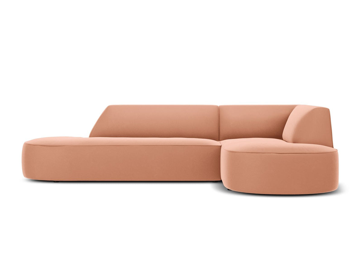 Modulares Ecksofa rechts Siena in Beige-Salvador Samtstoff mit schwarzen Kunststoffbeinen, Récamiere und Massivholzrahmen, 4-Sitzer, 180 cm.