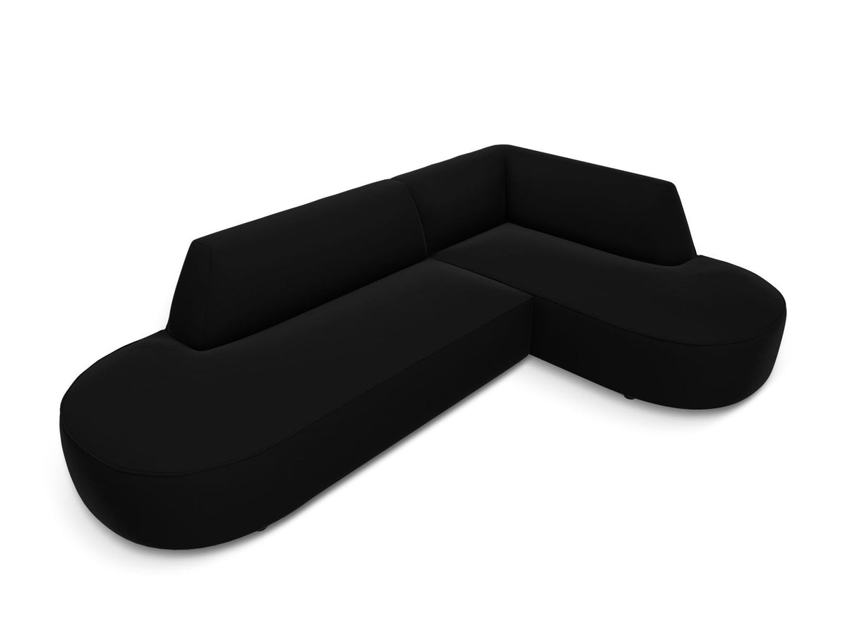 Modulares Ecksofa rechts Siena in Beige-Salvador Samtstoff mit schwarzen Kunststoffbeinen, Récamiere und Massivholzrahmen, 4-Sitzer, 180 cm.