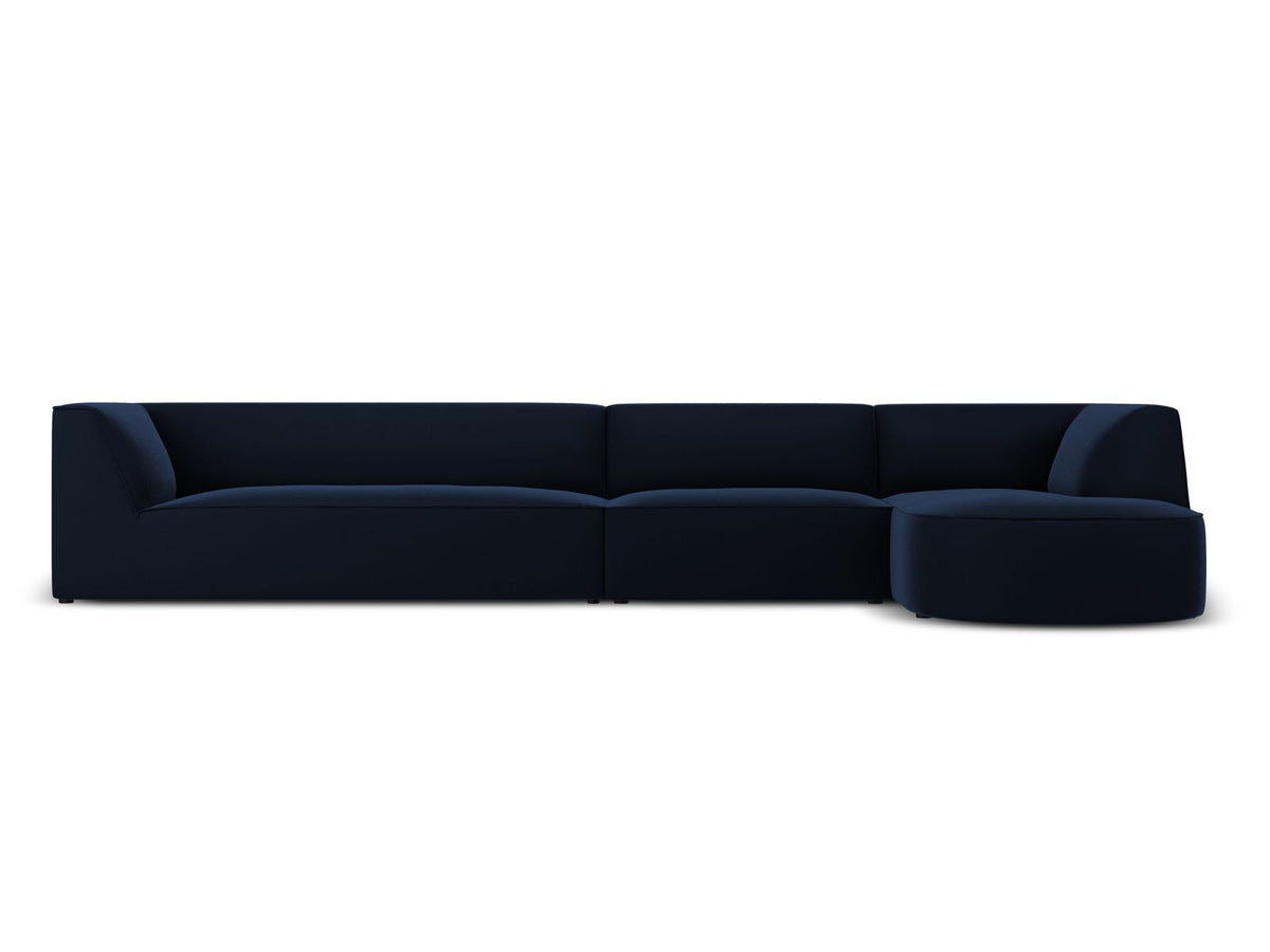 Modulares Ecksofa rechts mit Samtbezug in Beige-Salvador, Récamiere, Massivholzrahmen und schwarzen Kunststoffbeinen, 5-Sitzer Ausführung.