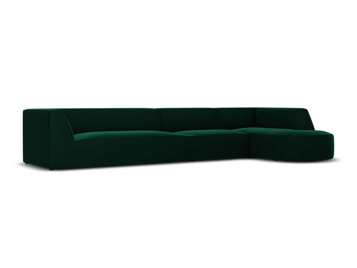 Modulares Ecksofa rechts mit Samtbezug in Beige-Salvador, Récamiere, Massivholzrahmen und schwarzen Kunststoffbeinen, 5-Sitzer Ausführung.