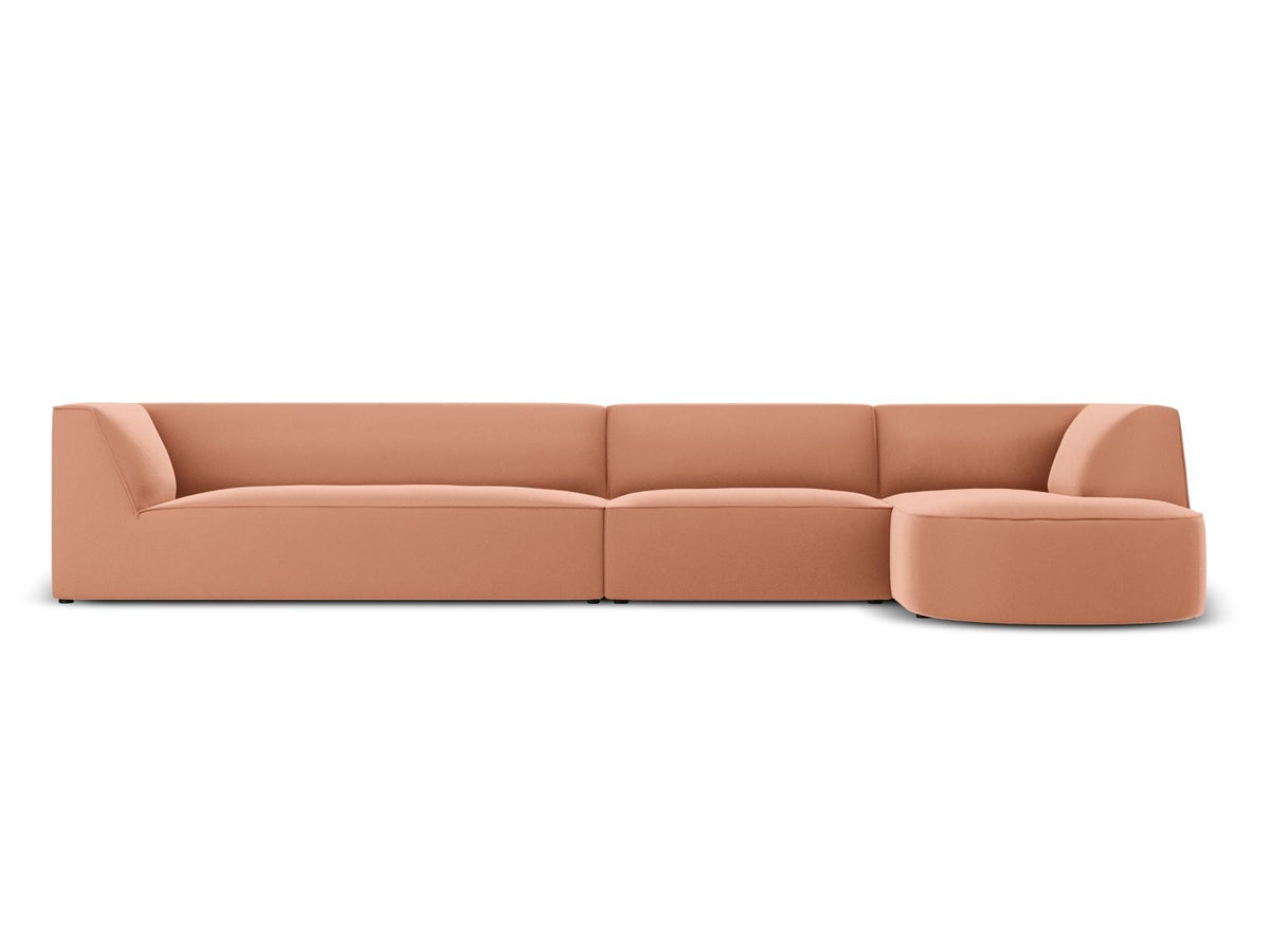 Modulares Ecksofa rechts mit Samtbezug in Beige-Salvador, Récamiere, Massivholzrahmen und schwarzen Kunststoffbeinen, 5-Sitzer Ausführung.