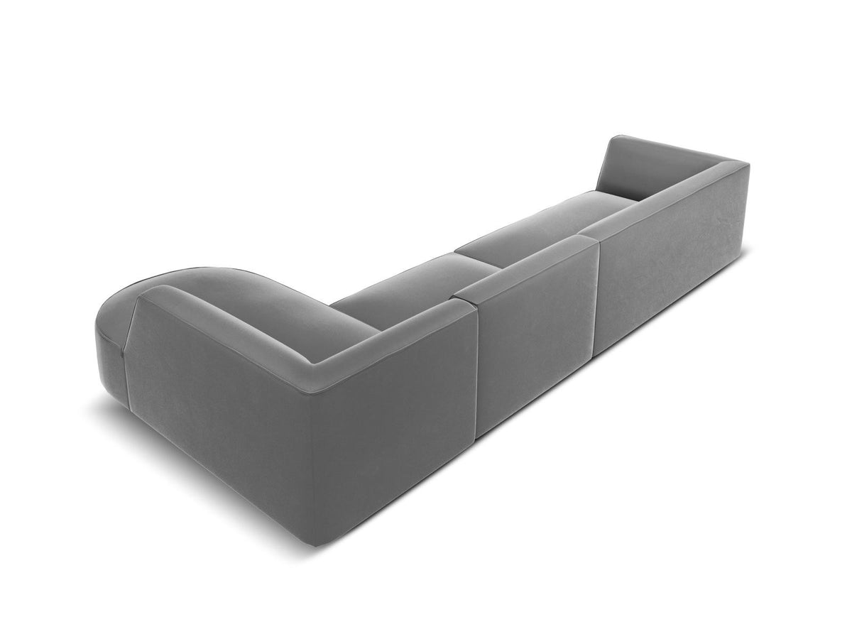 Modulares Ecksofa rechts mit Samtbezug in Beige-Salvador, Récamiere, Massivholzrahmen und schwarzen Kunststoffbeinen, 5-Sitzer Ausführung.