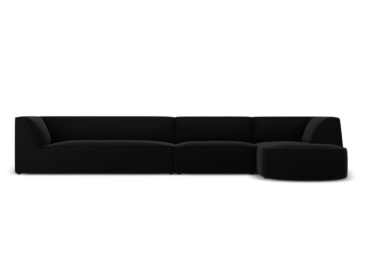 Modulares Ecksofa rechts mit Samtbezug in Beige-Salvador, Récamiere, Massivholzrahmen und schwarzen Kunststoffbeinen, 5-Sitzer Ausführung.