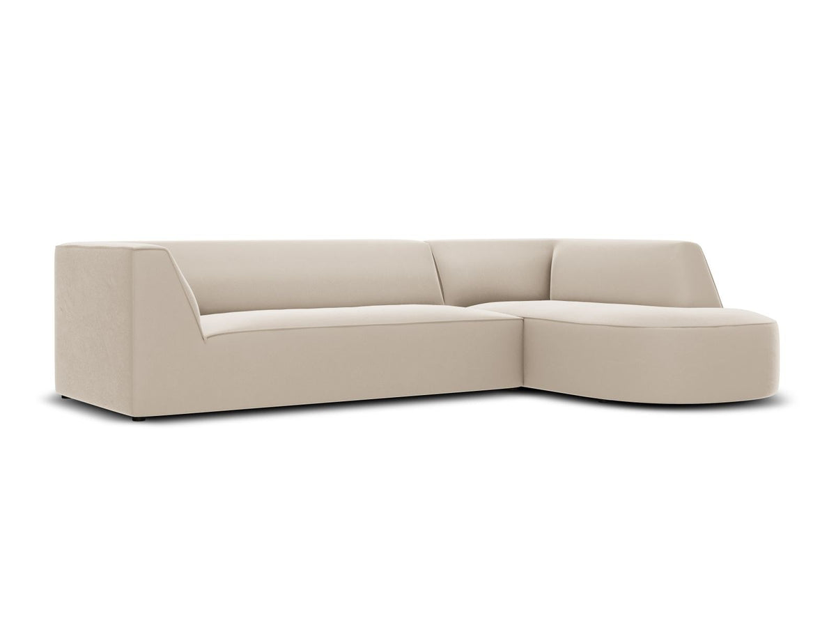 Modulares Ecksofa rechts Siena in Beige-Salvador Samtstoff mit schwarzen Kunststoffbeinen, Récamiere und Massivholzrahmen, 4-Sitzer, 180 cm.