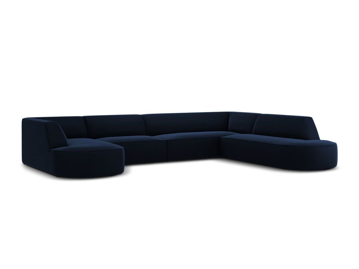 Panorama-Ecksofa rechts Siena mit Samtbezug in Bottle Green, Holzrahmen und schwarzen Kunststoffbeinen, 7 Sitzplätze, 273cm Tiefe.