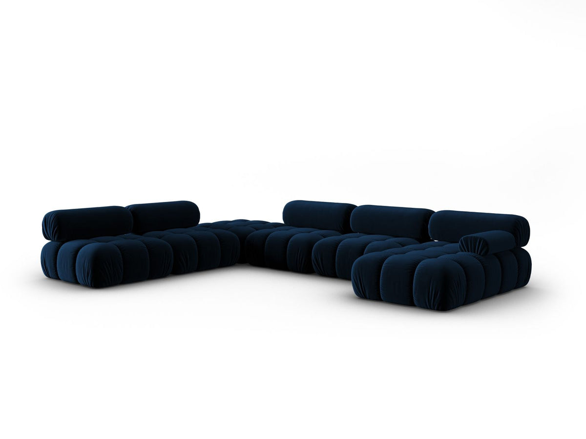 Cortina Modul-Ecksofa links von Cosmopolitan Design in Pink-Bluvel-Samt, 7-Sitzer, Panorama-Form mit Récamiere, schwarze Kunststoffbeine.