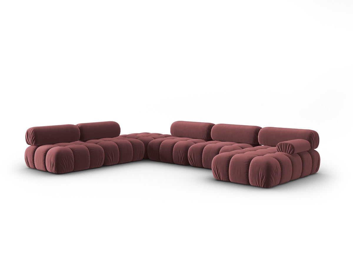 Cortina Modul-Ecksofa links von Cosmopolitan Design in Pink-Bluvel-Samt, 7-Sitzer, Panorama-Form mit Récamiere, schwarze Kunststoffbeine.