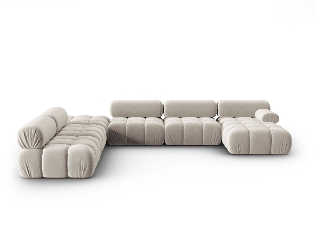 Cortina Modul-Ecksofa links von Cosmopolitan Design in Pink-Bluvel-Samt, 7-Sitzer, Panorama-Form mit Récamiere, schwarze Kunststoffbeine.