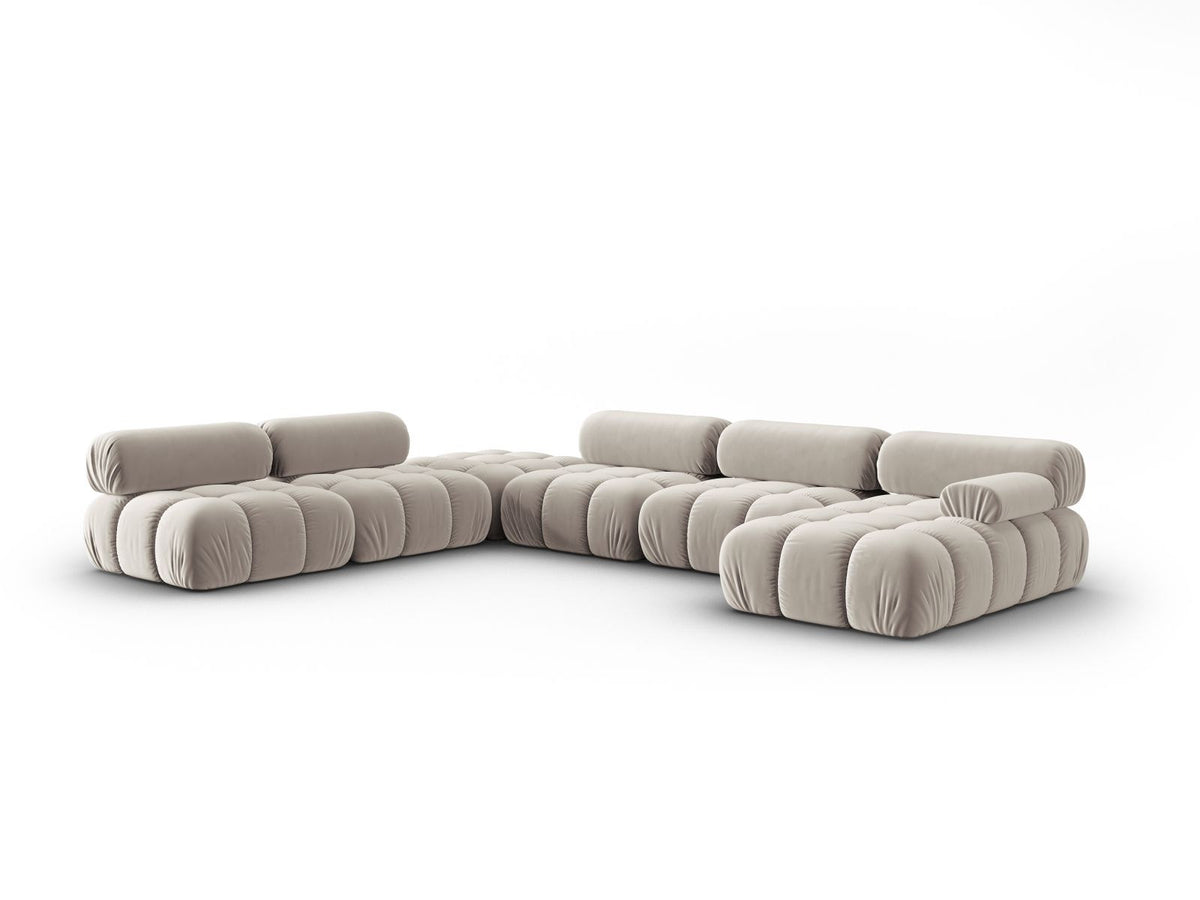 Cortina Modul-Ecksofa links von Cosmopolitan Design in Pink-Bluvel-Samt, 7-Sitzer, Panorama-Form mit Récamiere, schwarze Kunststoffbeine.