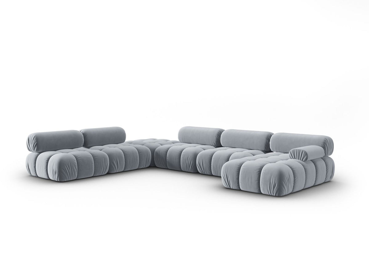 Cortina Modul-Ecksofa links von Cosmopolitan Design in Pink-Bluvel-Samt, 7-Sitzer, Panorama-Form mit Récamiere, schwarze Kunststoffbeine.