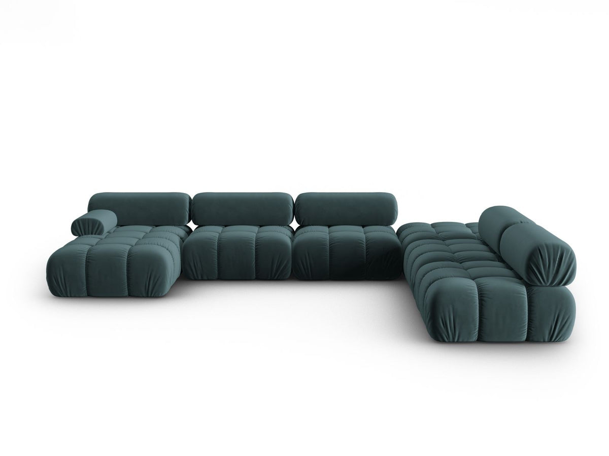 Modulares Ecksofa rechts Cortina in Pink-Bluvel Samtstoff mit Massivholzrahmen und schwarzen Kunststoffbeinen, 7-Sitzer Panorama-Design.