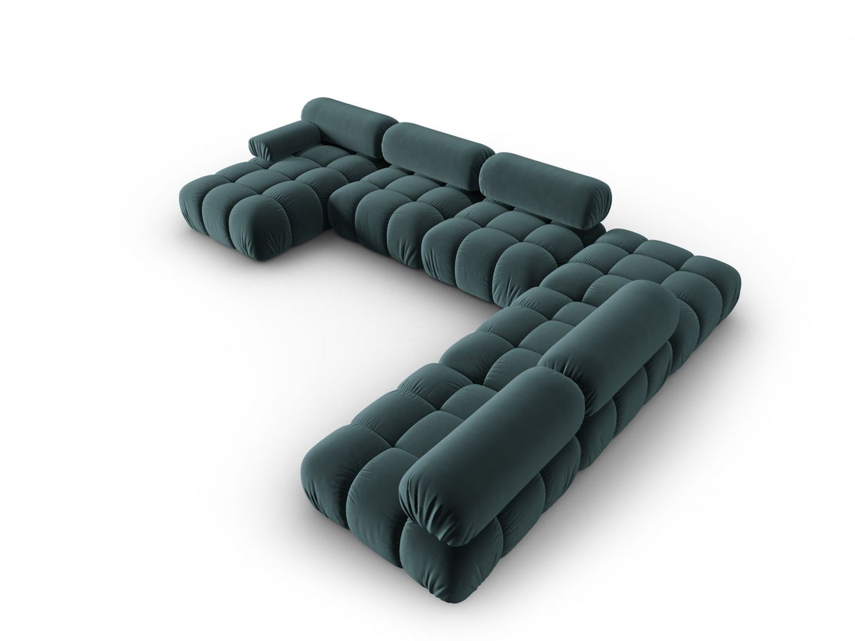 Modulares Ecksofa rechts Cortina in Pink-Bluvel Samtstoff mit Massivholzrahmen und schwarzen Kunststoffbeinen, 7-Sitzer Panorama-Design.