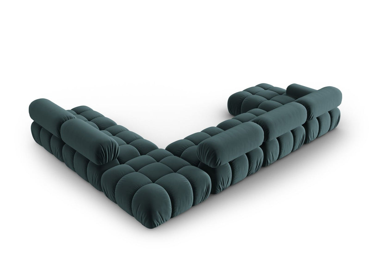 Modulares Ecksofa rechts Cortina in Pink-Bluvel Samtstoff mit Massivholzrahmen und schwarzen Kunststoffbeinen, 7-Sitzer Panorama-Design.