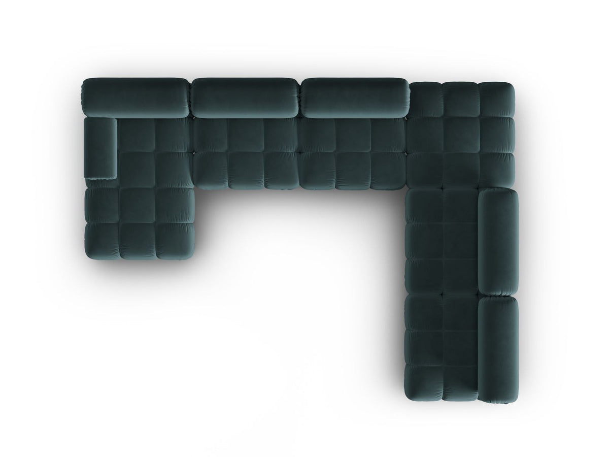 Modulares Ecksofa rechts Cortina in Pink-Bluvel Samtstoff mit Massivholzrahmen und schwarzen Kunststoffbeinen, 7-Sitzer Panorama-Design.
