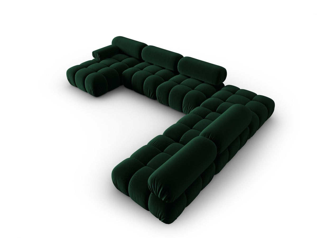 Modulares Ecksofa rechts Cortina in Pink-Bluvel Samtstoff mit Massivholzrahmen und schwarzen Kunststoffbeinen, 7-Sitzer Panorama-Design.